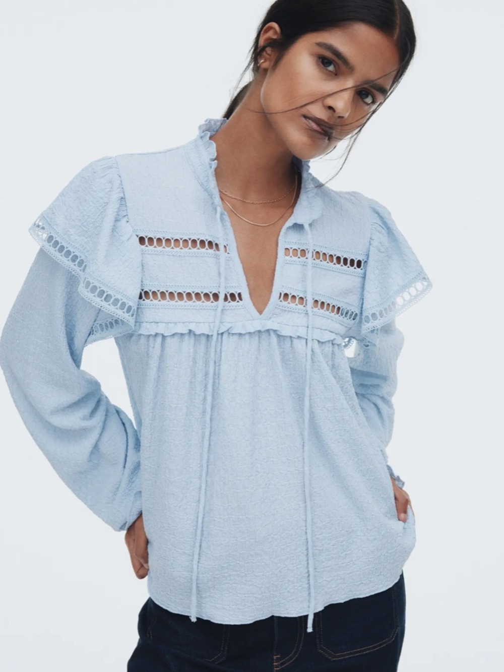 H&M Textured Jersey Blouse Blue Pesant Long Sleeve Ruffle Top